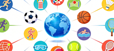 各种体育赛事图标环绕地球仪，象征全球体育覆盖